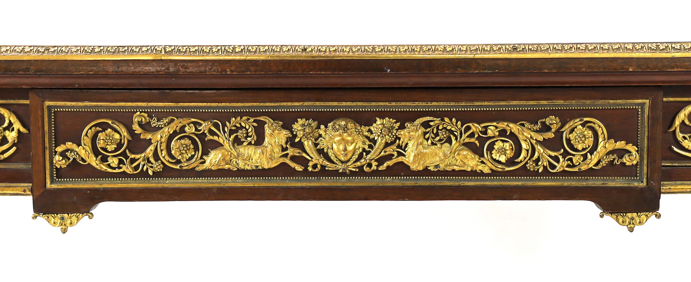 Francois Linke. A Louis XVI style gilt bronze mounted mahogany bureau plat, width 129cm depth 66cm height 74cm